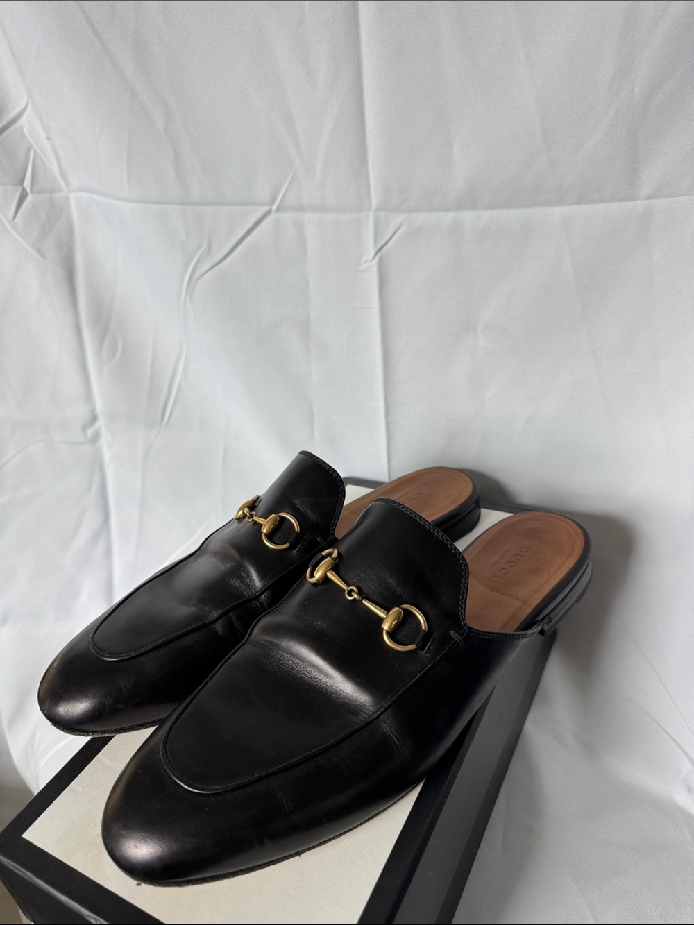 Gucci Black Leather Horsebit Mules with Gold Hardware